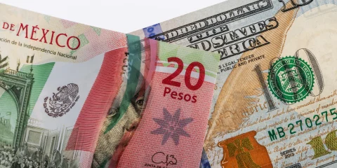 A 20 Mexican peso bill and a 100 US dollar bill.