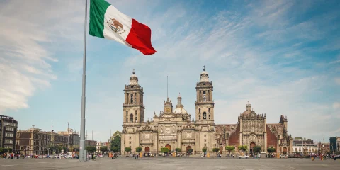 Mexico City's Zocalo with a Mexican Flag waving