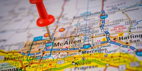 McAllen on a map with a red pin on top