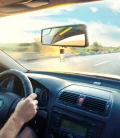 Close-up of hands gripping the steering wheel while driving on the road.