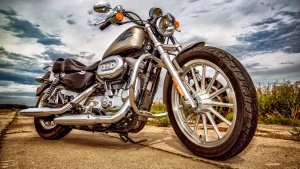 A close-up of a motorcycle, focusing on the details of the bike