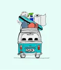 A cartoon of a van packed and ready for a road trip, with luggage on top