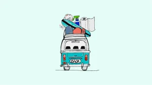 A cartoon of a van packed and ready for a road trip, with luggage on top