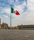 A panoramic view of El Zócalo, the main square in Mexico City, with its historic buildings