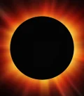 View of a total solar eclipse with the moon completely covering the sun.