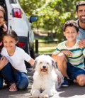 A happy family with their dog, excited and ready to embark on a road trip to Mexico in their car