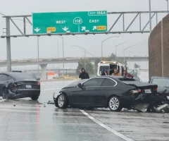 A car accident on the highway with emergency vehicles at the scene